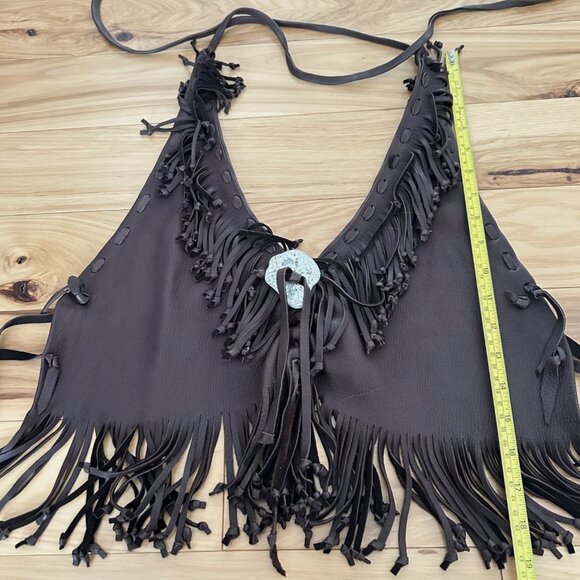 Handmade Genuine Leather Halter Top Bead Tassle Fringe Biker Chasing Unicorns S - Picture 6 of 8